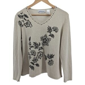 Alfred Dunner Beige Sparkly Floral Beaded Sweater Metallic Knit Top Sz L Holiday